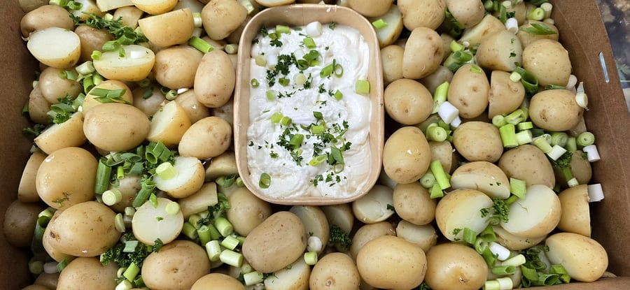 A close-up of a potato salad with spring onions and a creamy dip