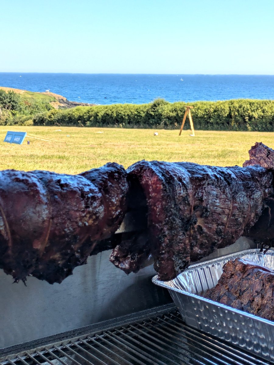 Large cuts of roasted meat on a spit with the sea in the background