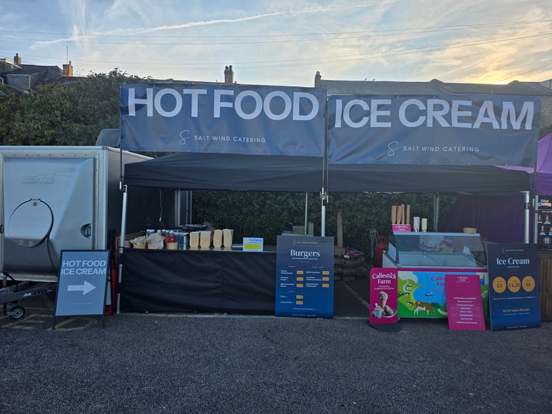 Our ice cream counter set up under the Salt Wind ice cream banner at an event in Falmouth