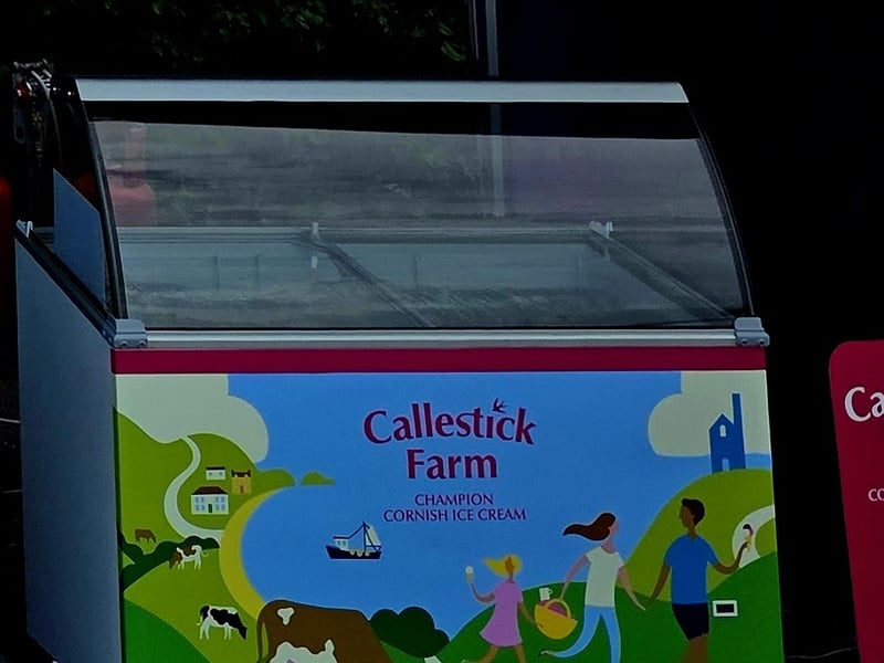 Our Callestick Farm scoop cabinet set up at an event, branded Champion Cornish Ice Cream