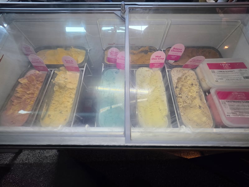 Inside our scoop cabinet — nine tubs of Callestick Farm Cornish ice cream with flavour markers, ready to serve