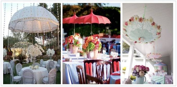 Super Cute Reception Décor: Hanging Umbrellas