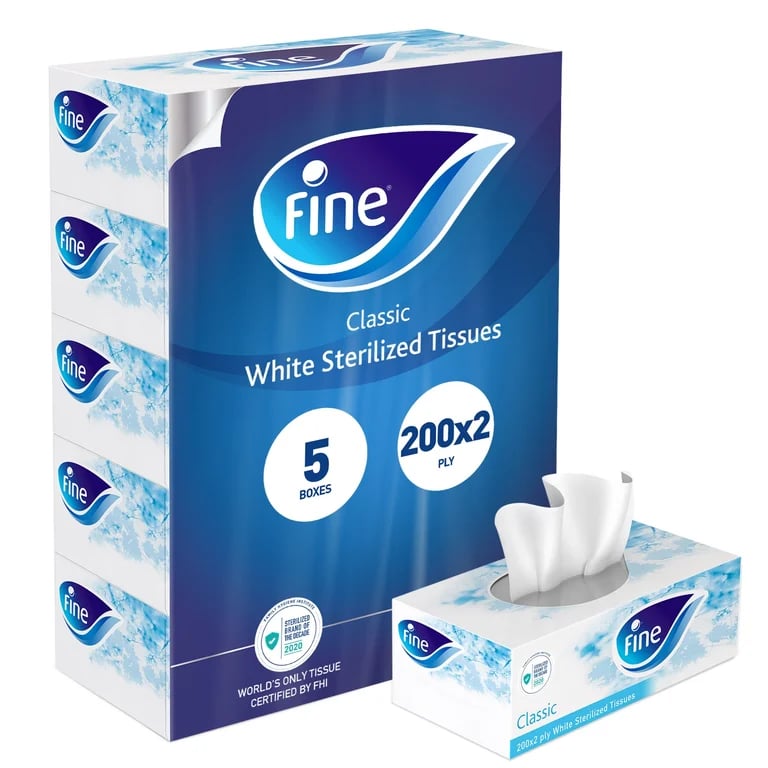 Fine 2 Ply White Facial Tissues - 5 x 200 Pcs