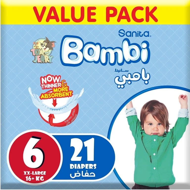 Sanita Bambi Baby Diapers Value Pack Size 6, Xx-Large, +Kg18, 21 Count