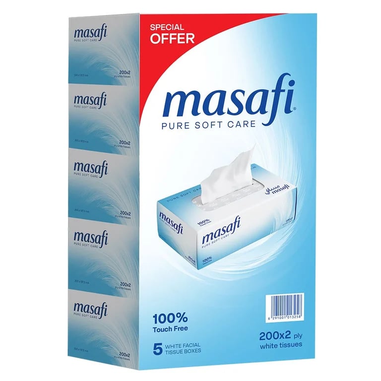 Masafi Pure Soft Care 2 Ply Facial Tissue - 5 x 200 Sheets