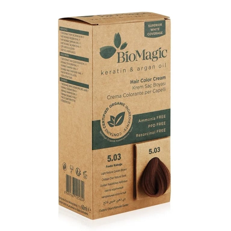 Biomagic Keratin & Argan Oil Permanent Hair Color Cream Set - 5/03 Light Natural Golden Brown