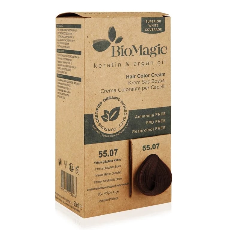 Biomagic Keratin & Argan Oil Permanent Hair Color Cream Set - 55/07 Intense Chocolate Brown