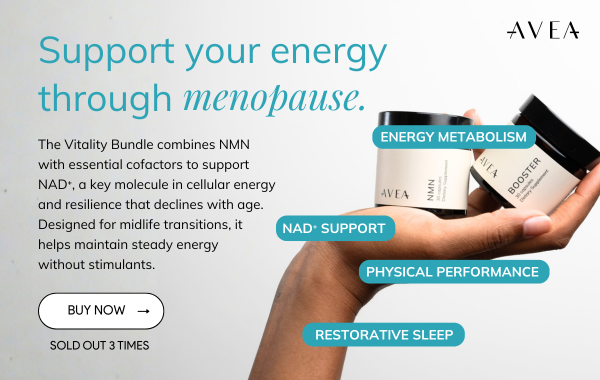 Hand holding AVEA Vitality Bundle supplements highlighting NAD+ support and energy metabolism during menopause, perfect for menopause fatigue