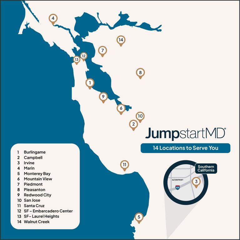 Map of JumpstartMD locations across the San Francisco Bay Area and Orange County