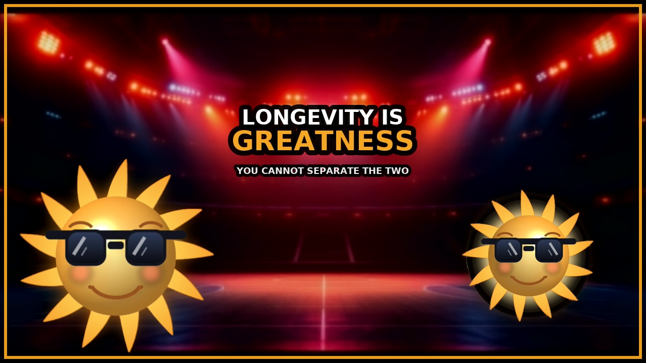 Thumbnail: LONGEVITY IS GREATNESS, two subjects either side