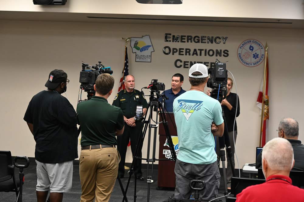 Flagler County Emergency Management Director Jonathan Lord and Sheriff Rick Staly at this afternoon's news conference at the Emeregency Operations center in Bunnell. (© FlaglerLive)