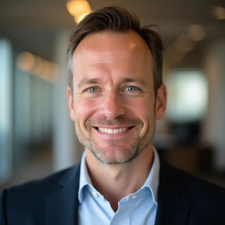 LinkedIn-Profilbild einer Frau mit warmem Lächeln und verschwommenem Hintergrund
