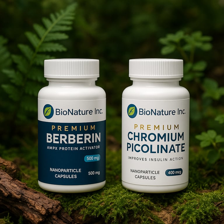 Two BioNature Inc. product bottles, Berberine and Chromium Picolinate, side by side
