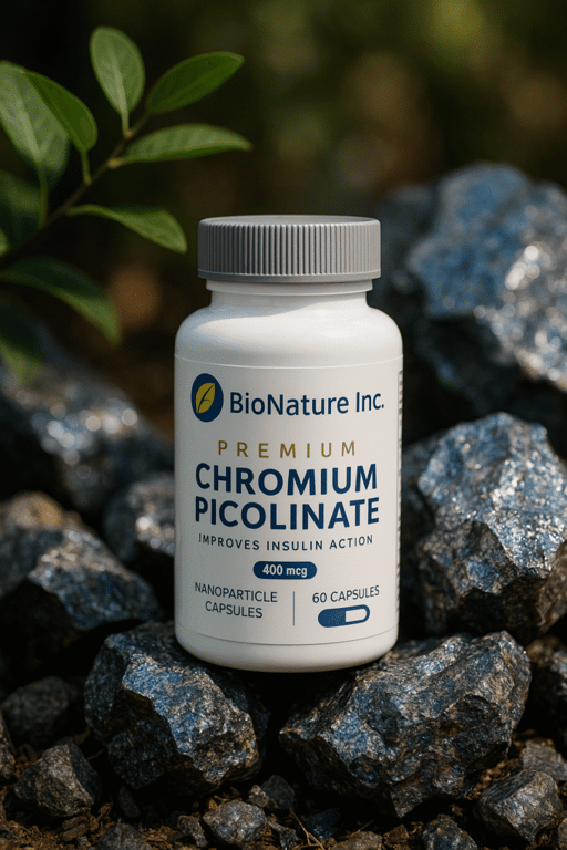 Premium Chromium Picolinate bottle with rock background