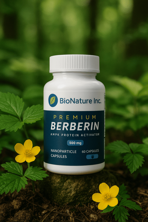Premium Berberine bottle with plant background