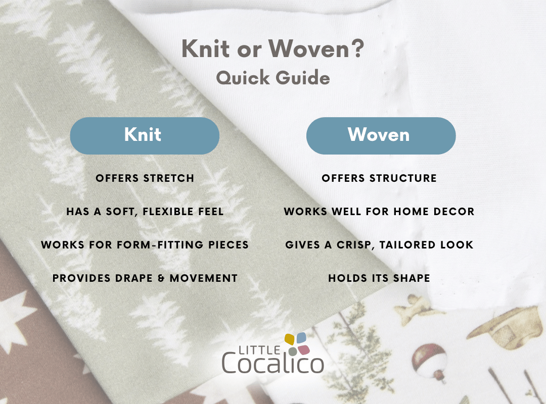 infographic that compares woven fabric vs knit fabric and what they are good for.