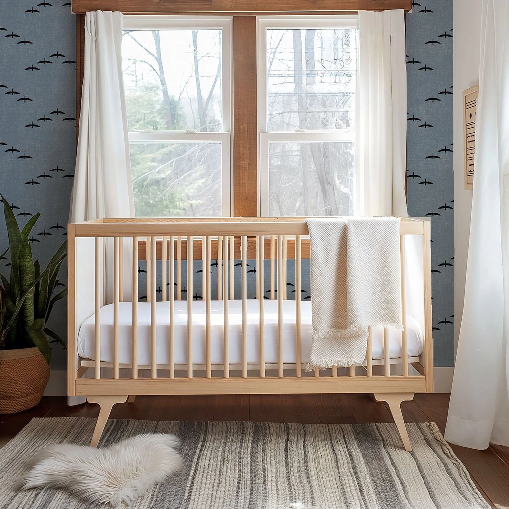 a nursery with a crib in front of a window and a wall showcasing the gardiner blue design by amy maccready on custom printed wallpaper
