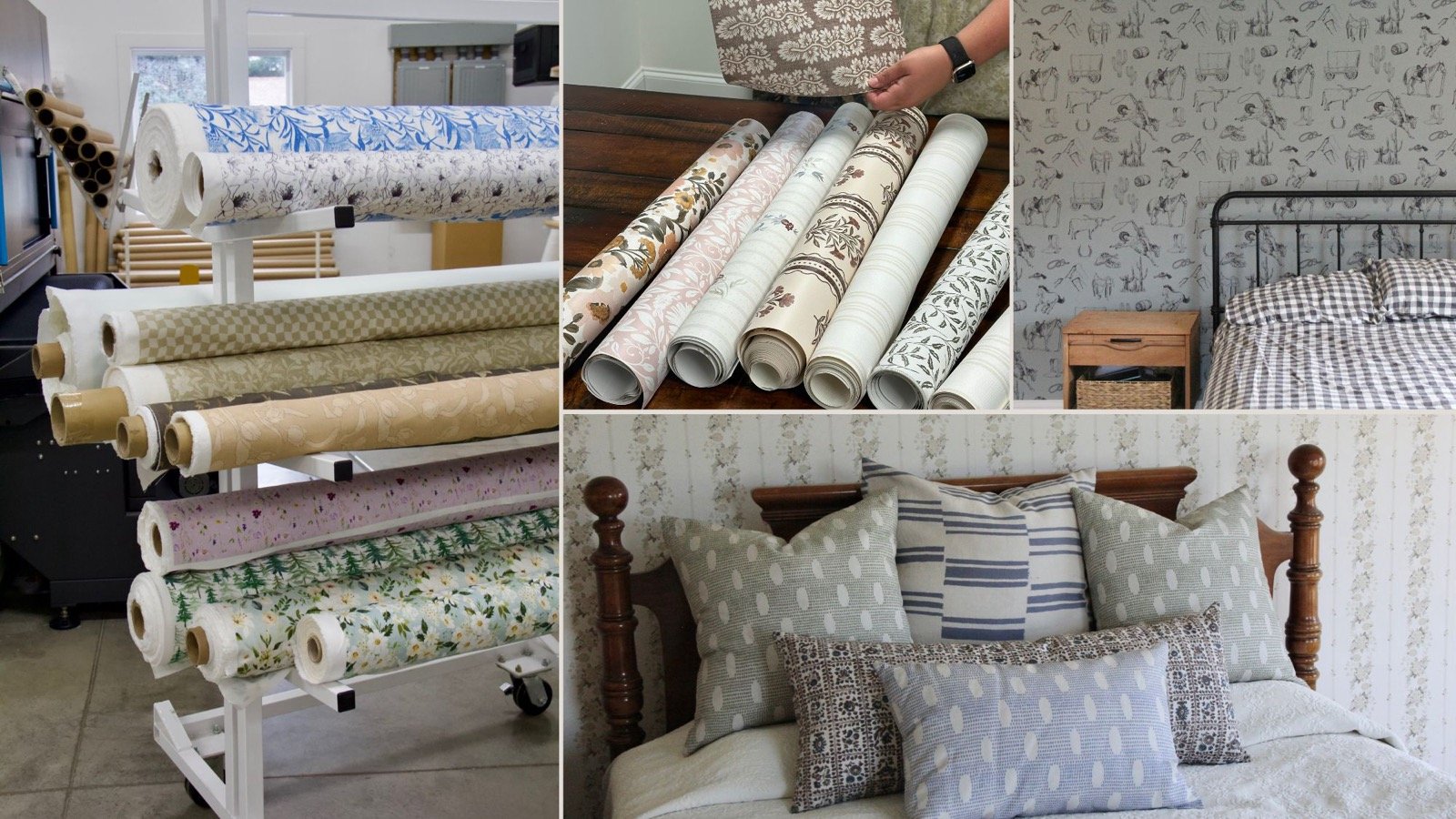 a bedroom with curtains, headboard, and pillows that feature designs from Jenni Yolo's collection at  Little Cocalico