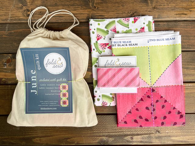 fold&sew no-cut quilt kits with watermelon theme printed on quality sateen quilting fabric by little cocalico