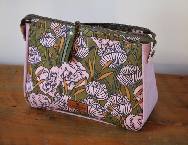 beautiful custom purse made with sailcloth canvas featuring a pink and sage custom printed design