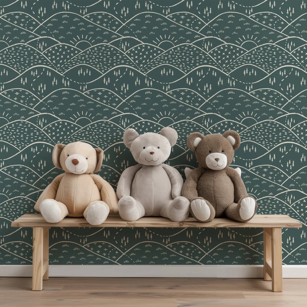 an entryway bench with a wall showcasing removable wallpaper with a mountain and forest theme