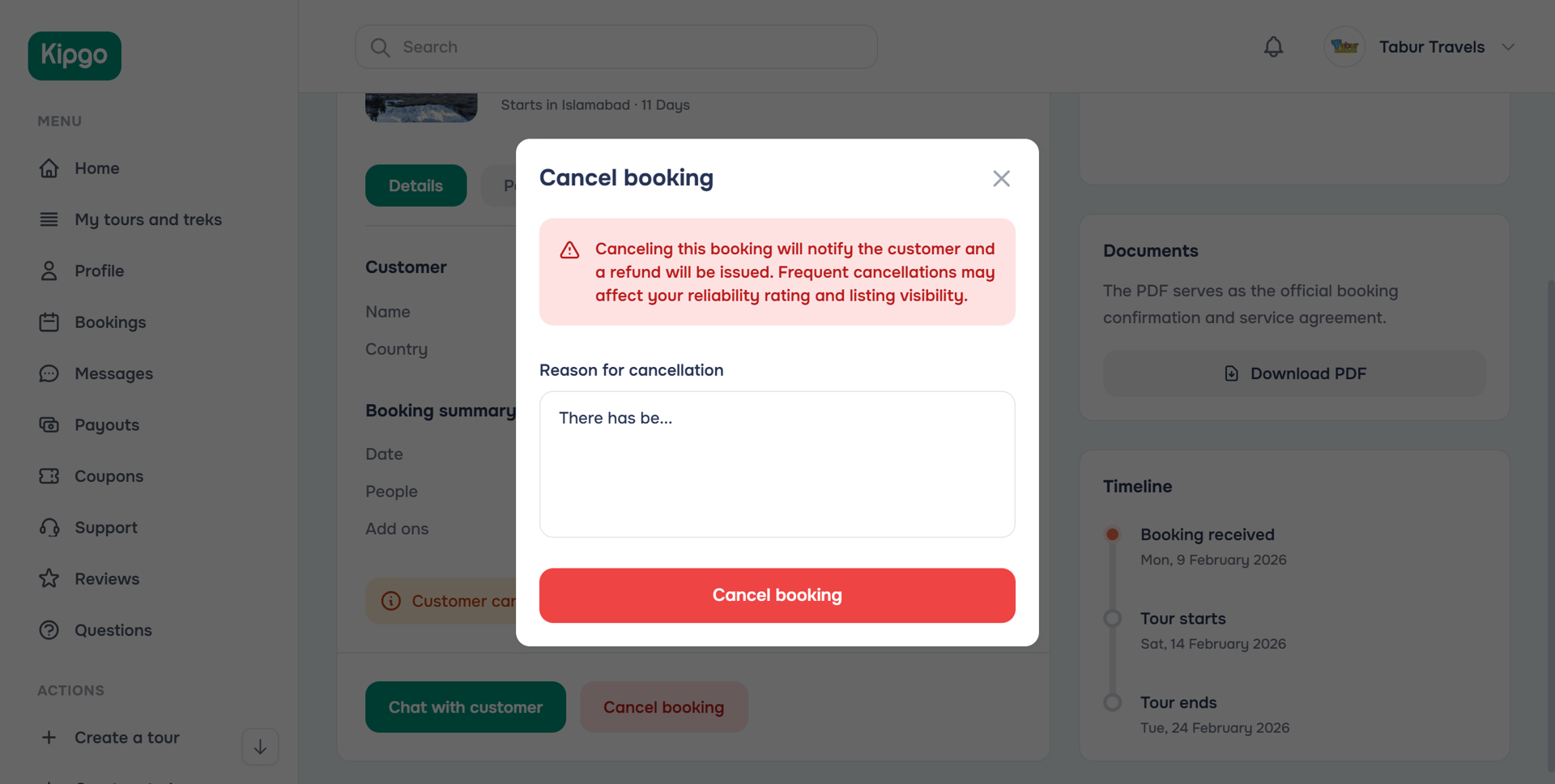 Cancel booking modal