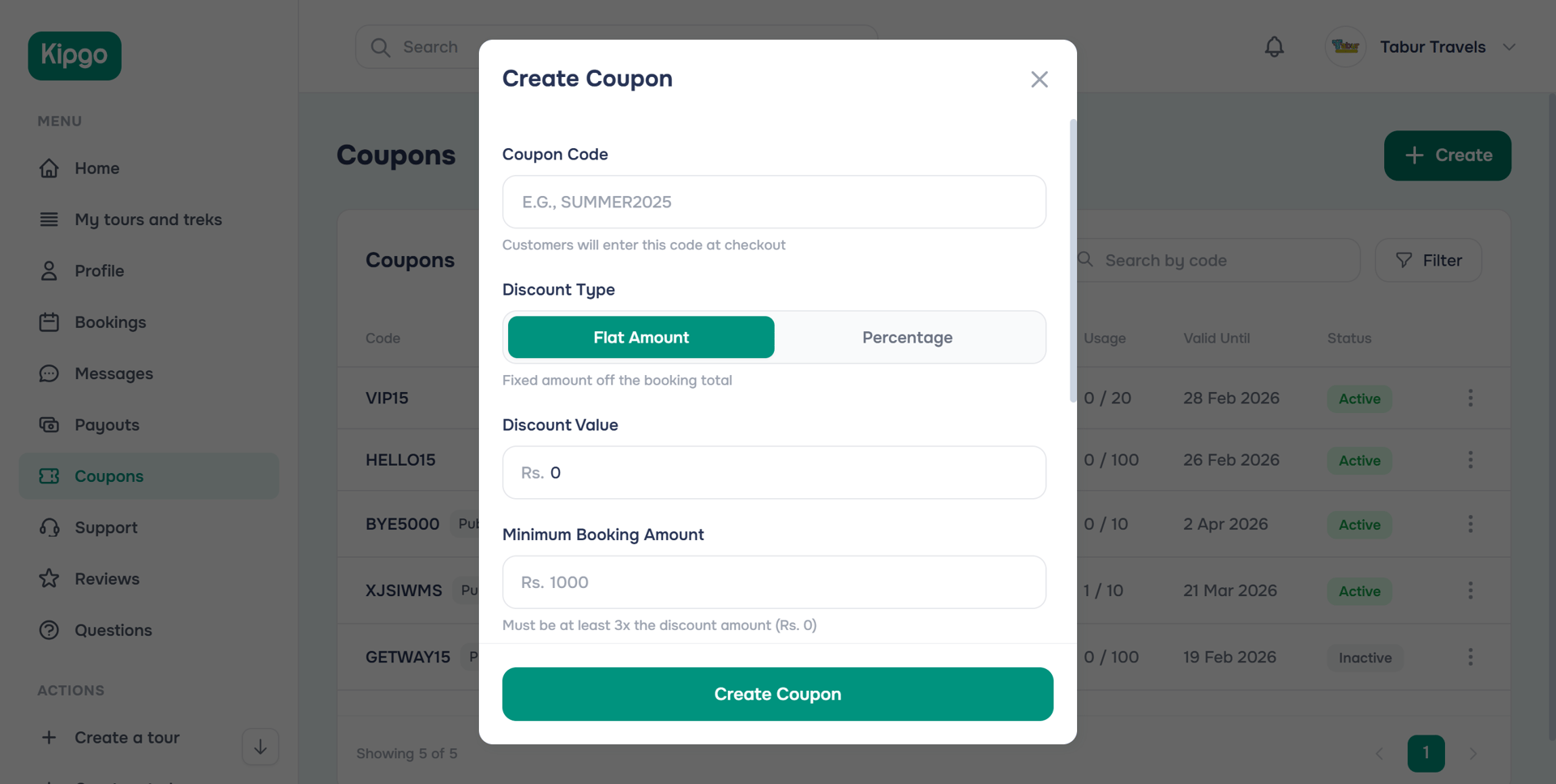 Create coupon modal