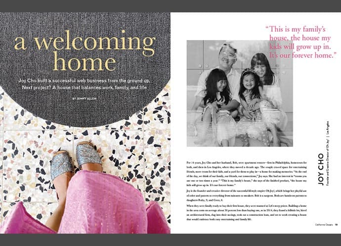 Magazine spread featuring Joy Cho discussing her family home and balancing work, life, and design