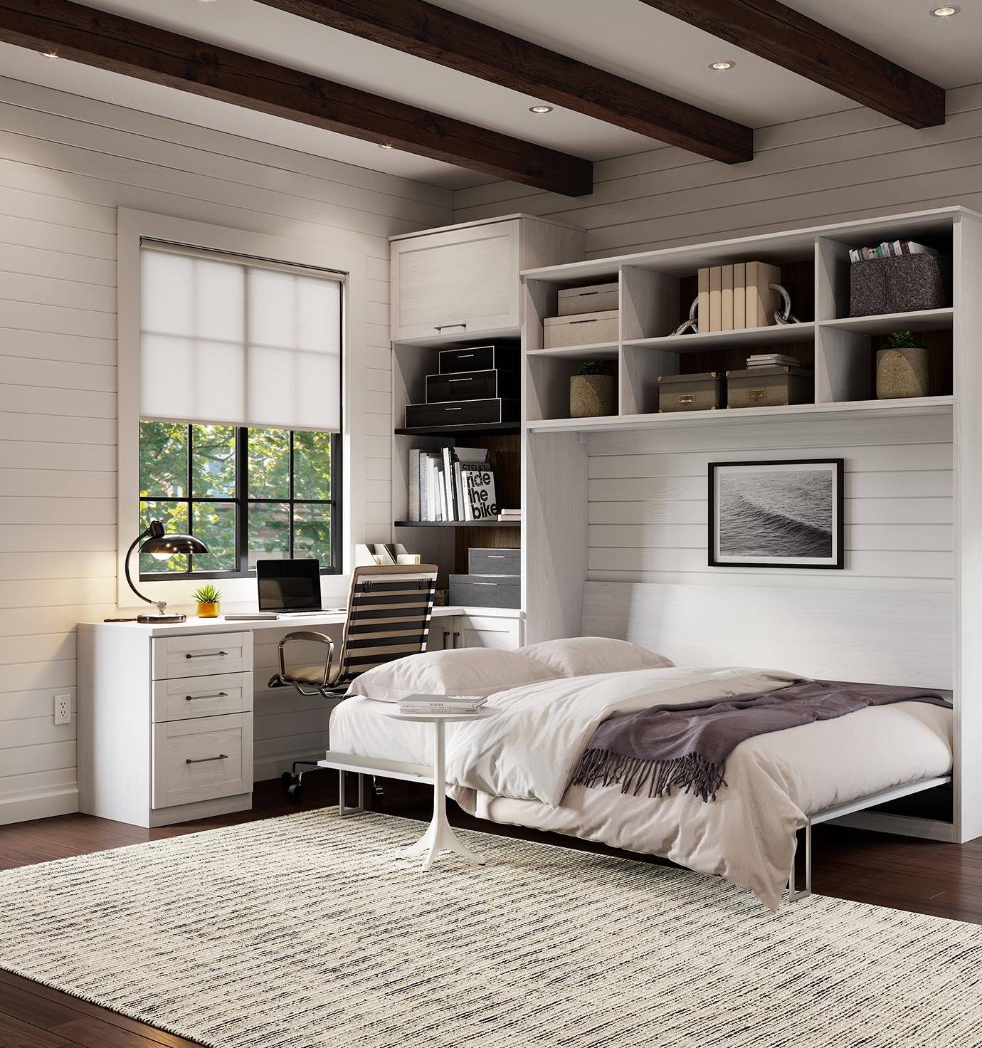 Side tilt Murphy bed with desk in white wash finish by California Closets