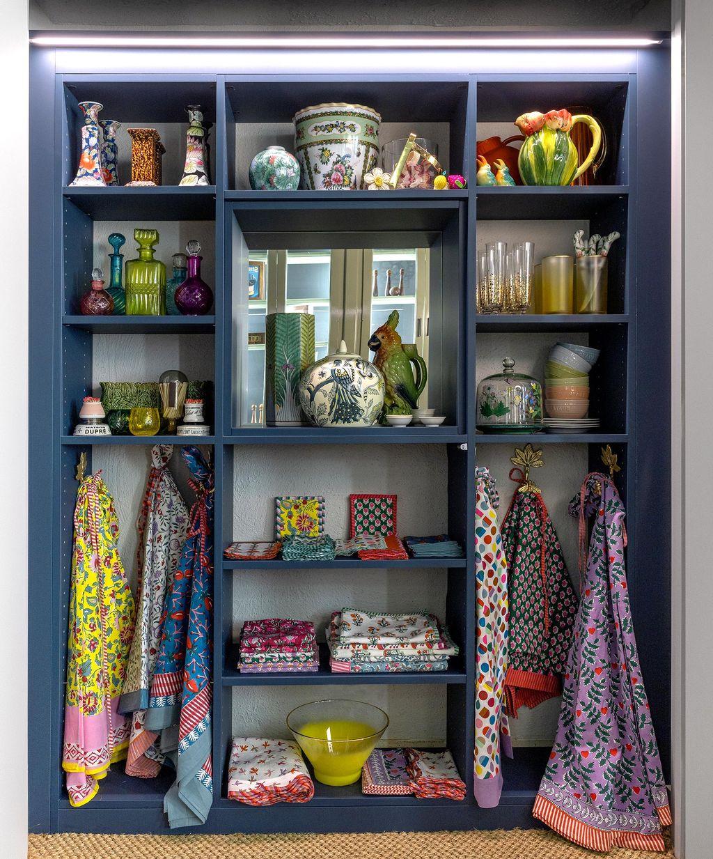 Party items stored in small closet in blue finish designed by California Closets