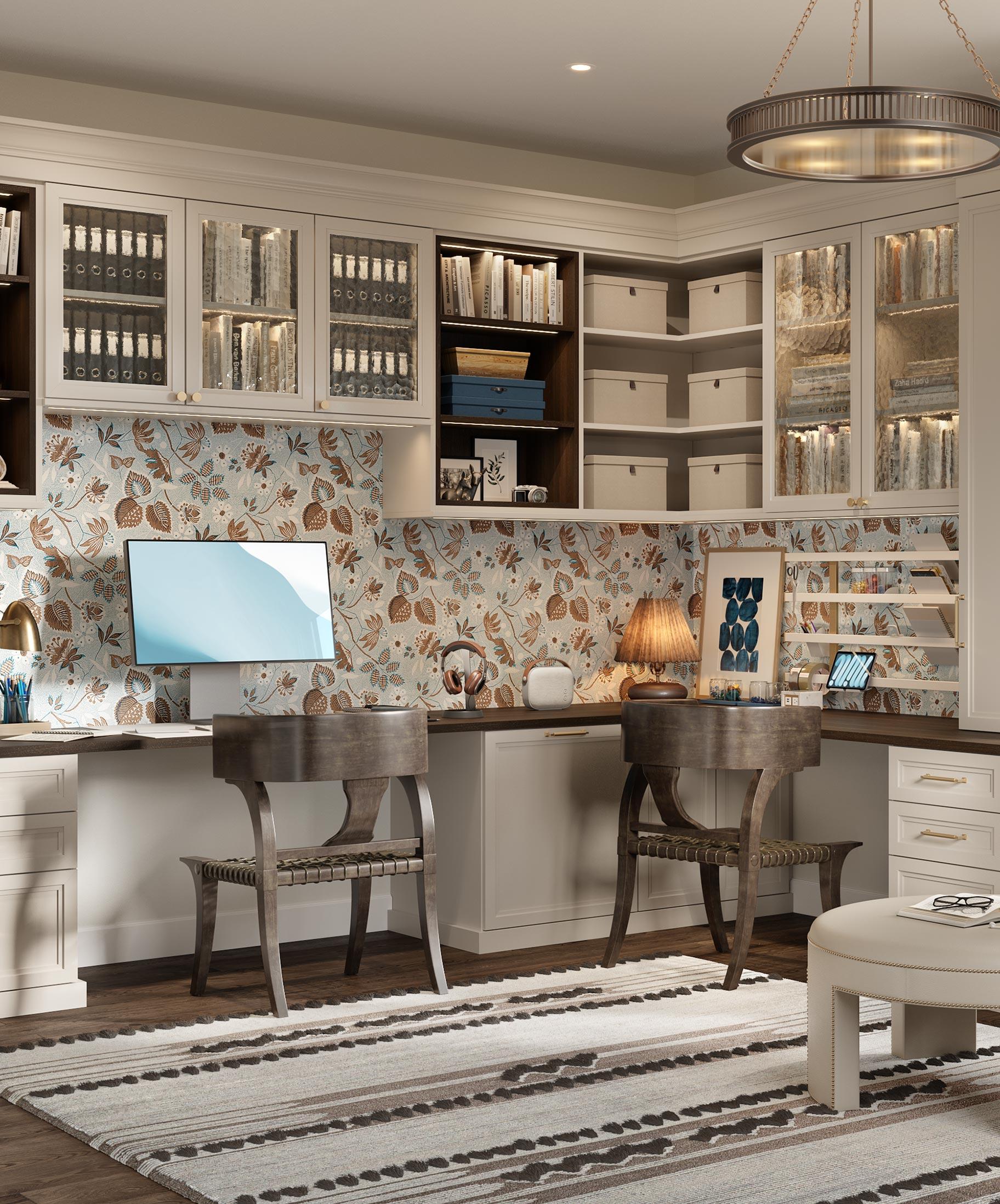 Matte wood finish coworking home office design with bench by California Closets