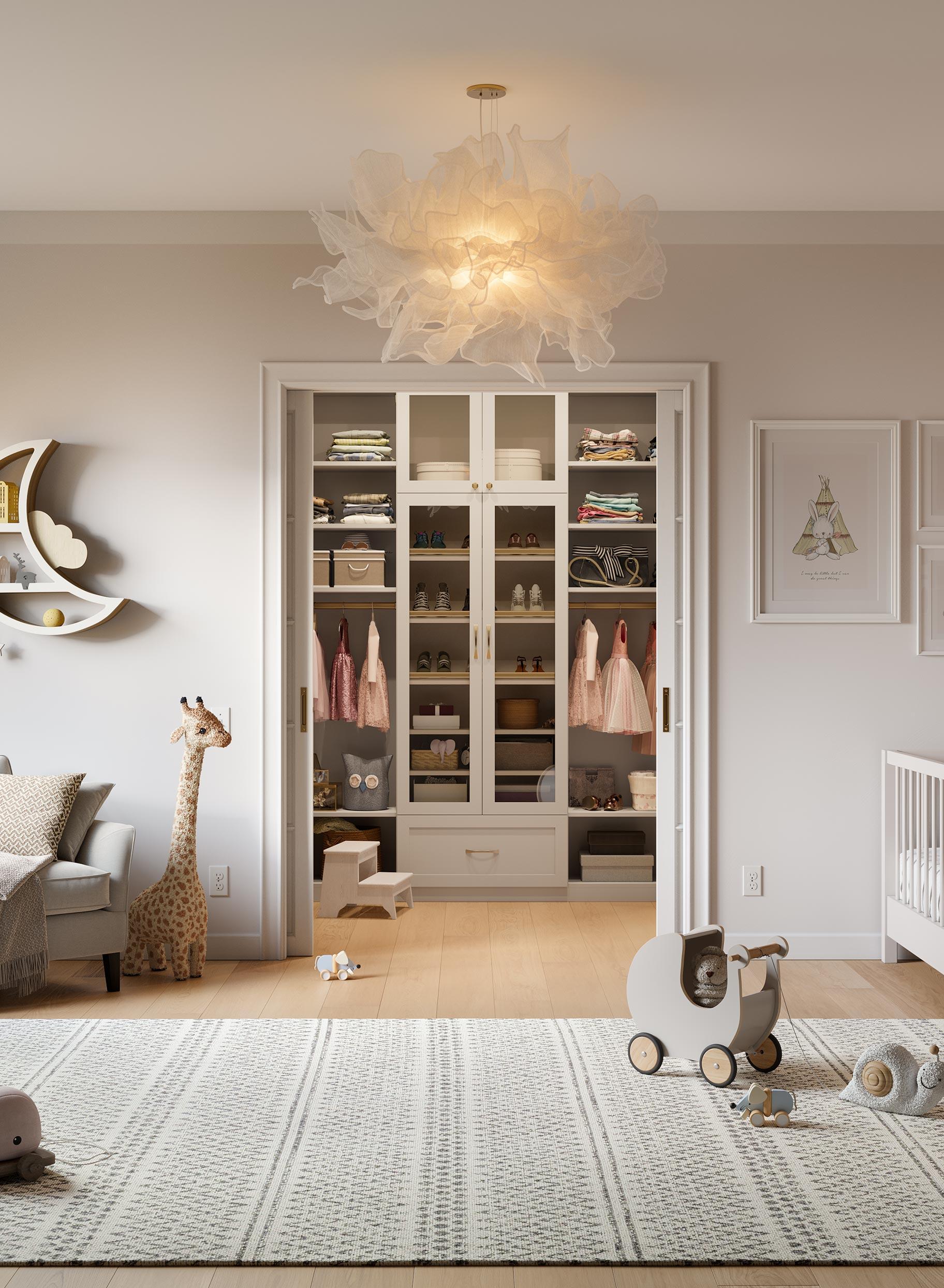 Nursery room designed with transitional walk in kids closet by California Closets