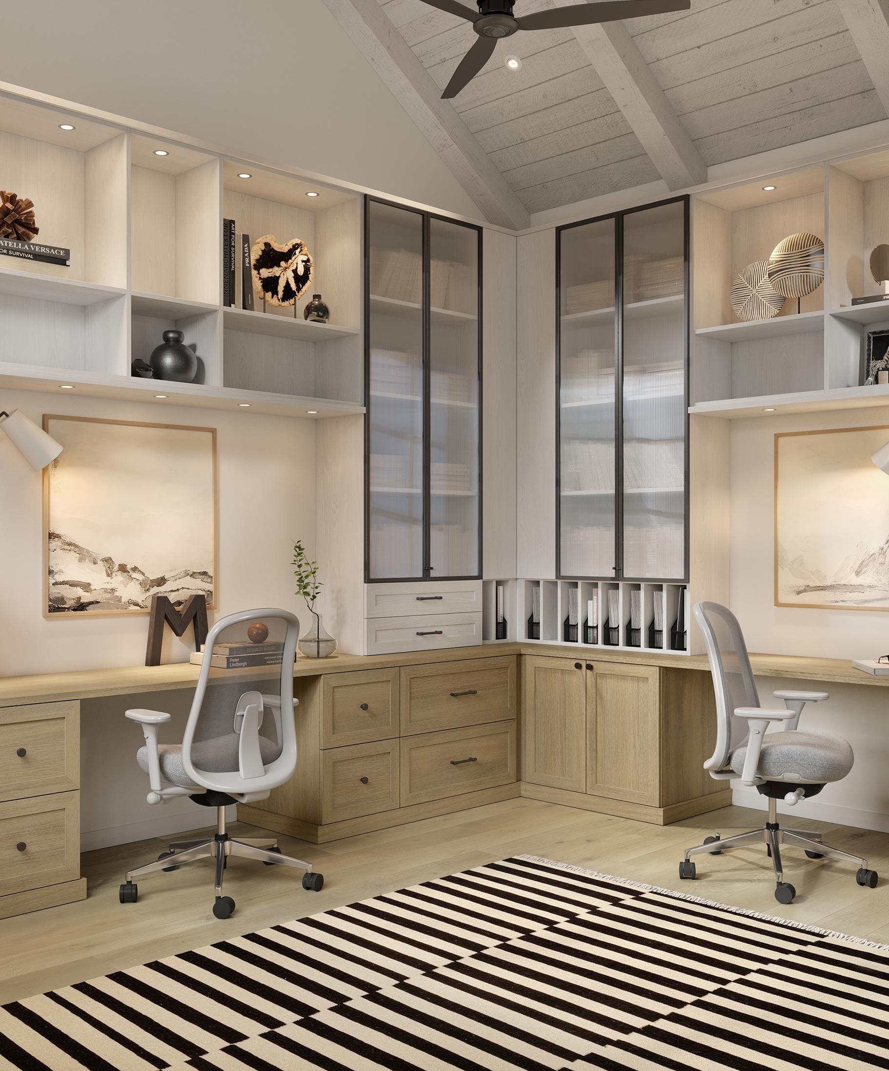 Complementary finishes and materials in light oak, graphite ad aluminum in custom home office from California Closets