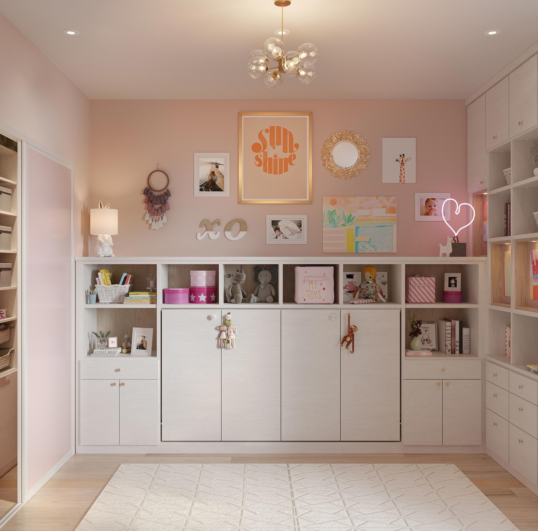 Playroom with Murphy bed made in a washed white finish by California Closets