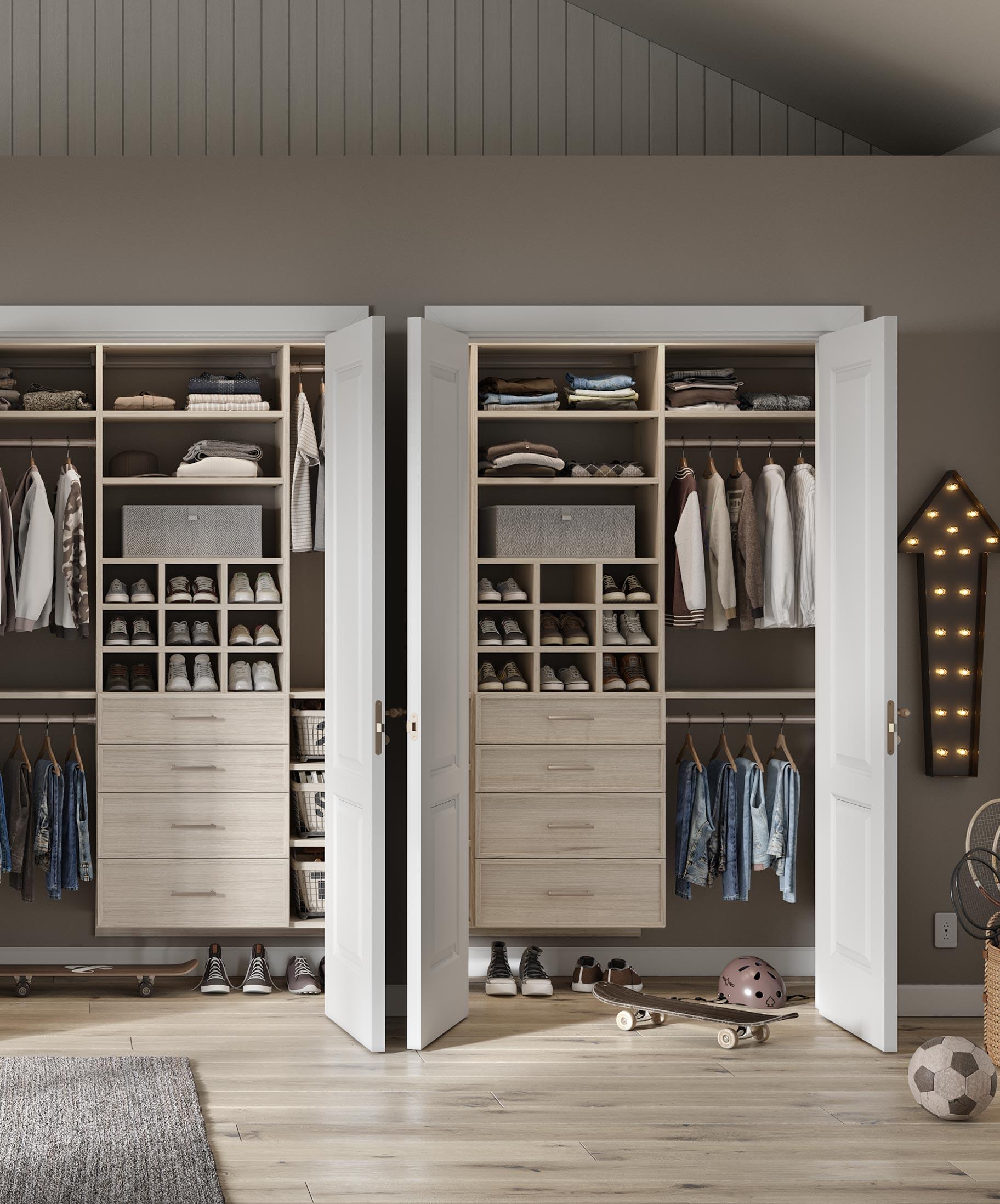 Custom kids closets with drawers for twins in a shared room designed by California Closets