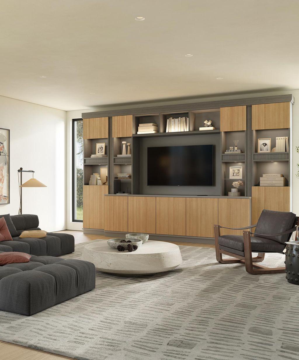 Media center in contemporary style with cabinets and shelves by California Closets
