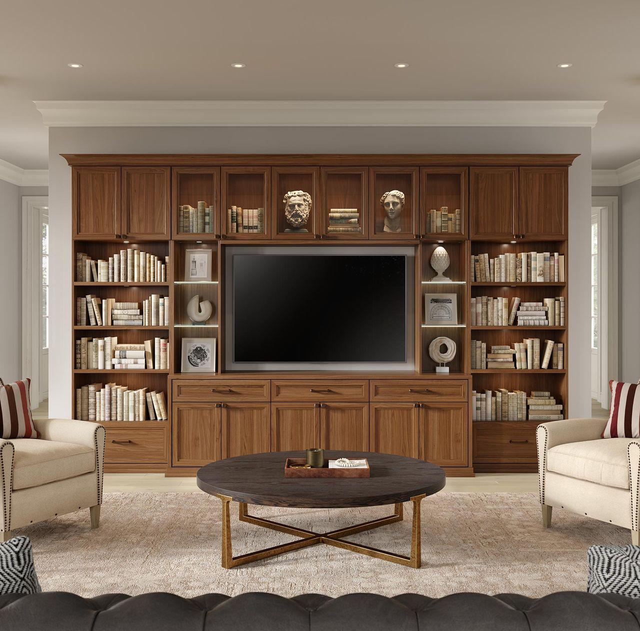 Custom entertainment center wall unit designed in reddish-brown finish by California Closets