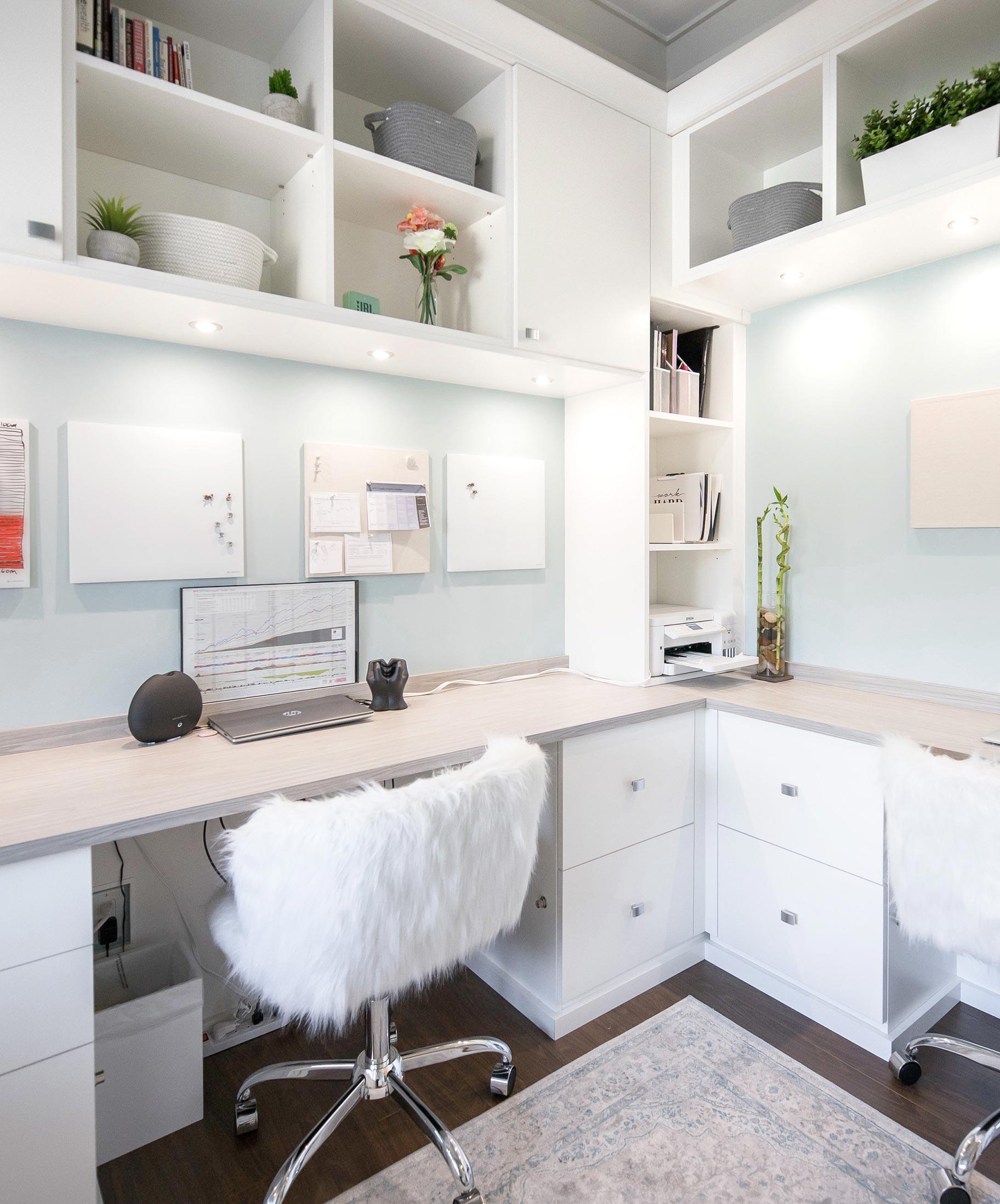 Home office cabinet filing drawers for two workstations in white matte wood finish by California Closets