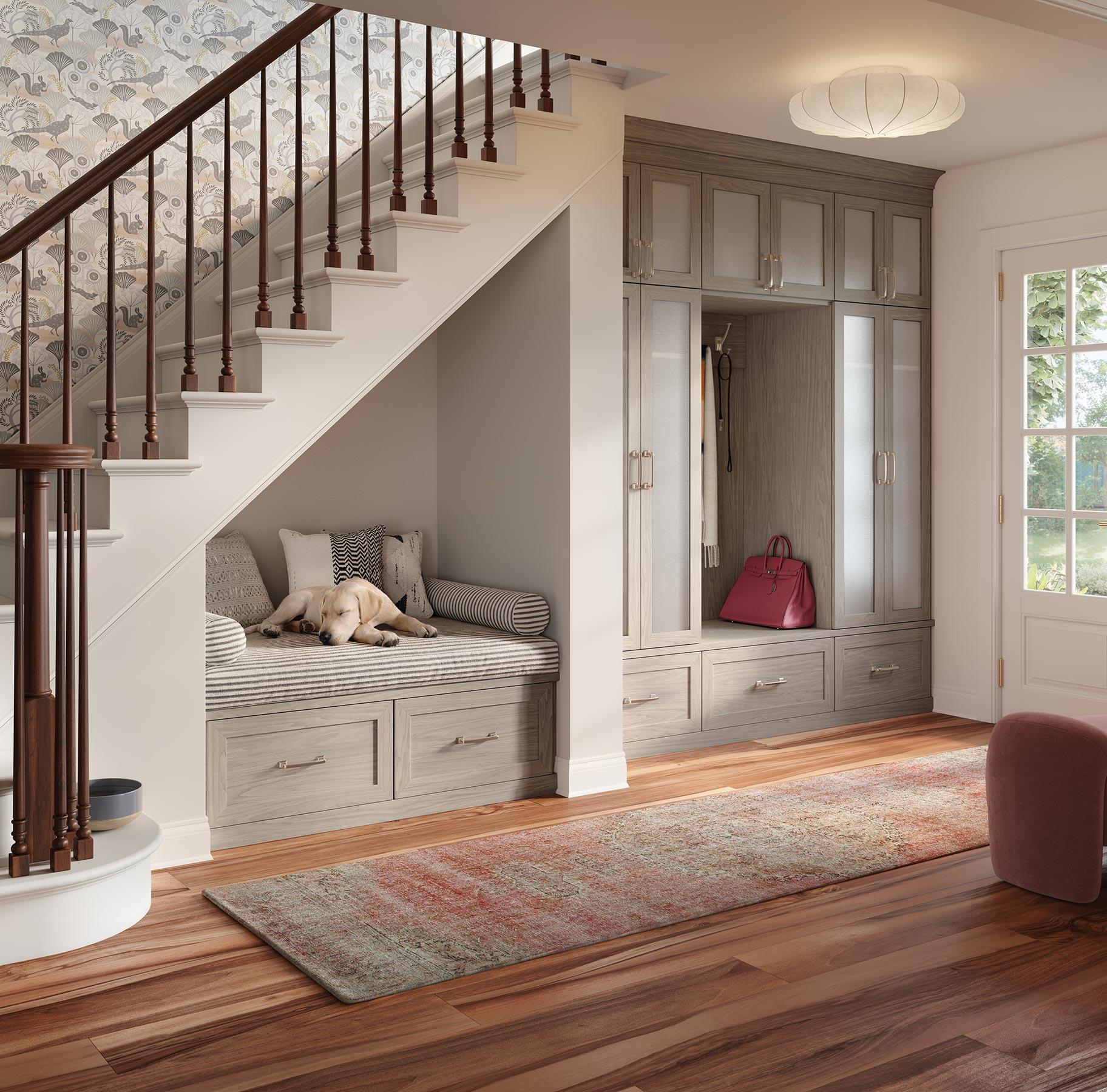 Luxe entryway with custom storage closet cabinets and bench in light grey wood grain finish California Closets