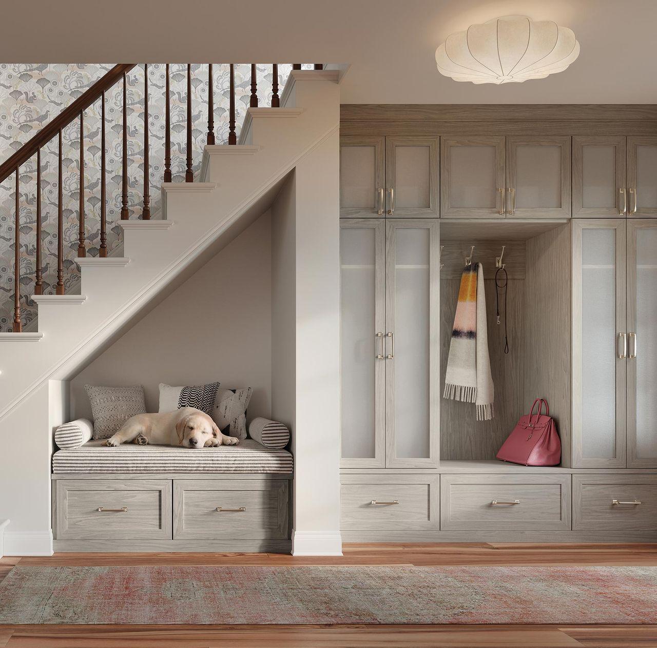 Luxe entryway custom closet cabinet design with pet bench by California Closets