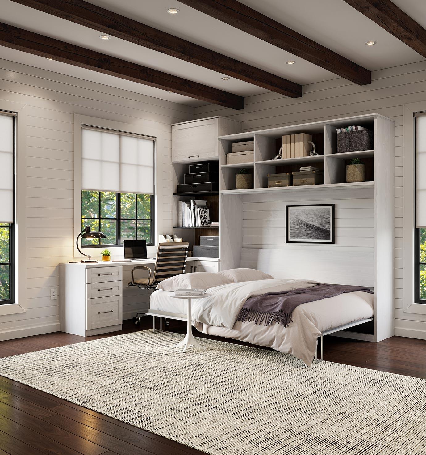 Hidden bed opened with desk and shelving from California Closets