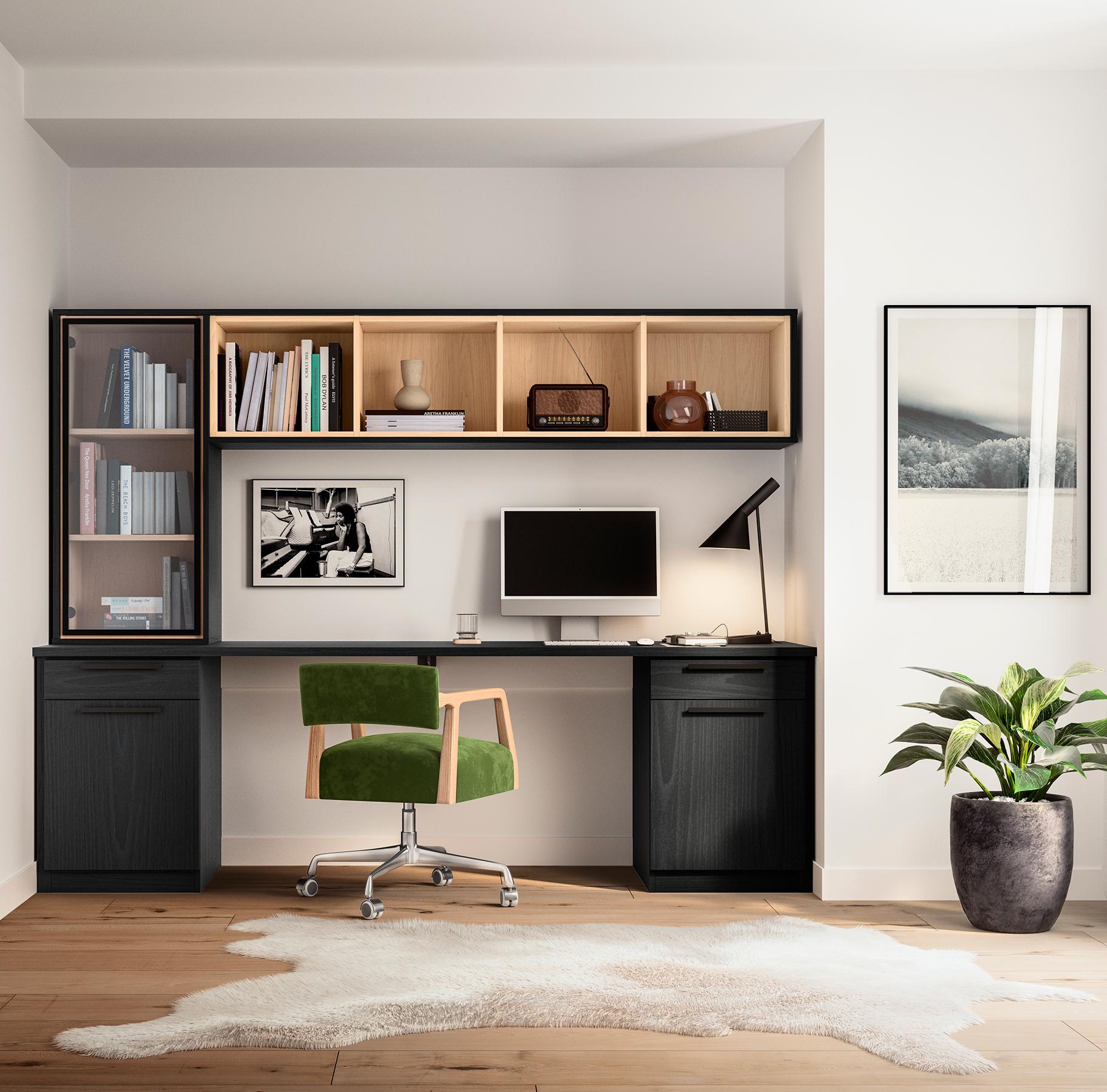 Home office modern design with open cubbie shelving and custom built desk and cabinets by Califoria Closets