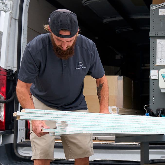 Daily schedule for a professional installer, packing up his work van to head to a home storage system build from California Closets