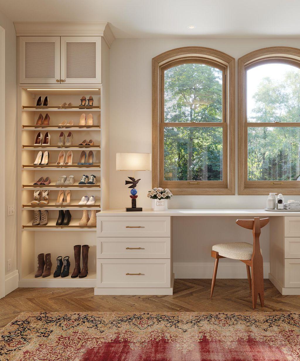 Cloffice designed with custom built desk, cabinets, drawers and shoe shelving from California Closets