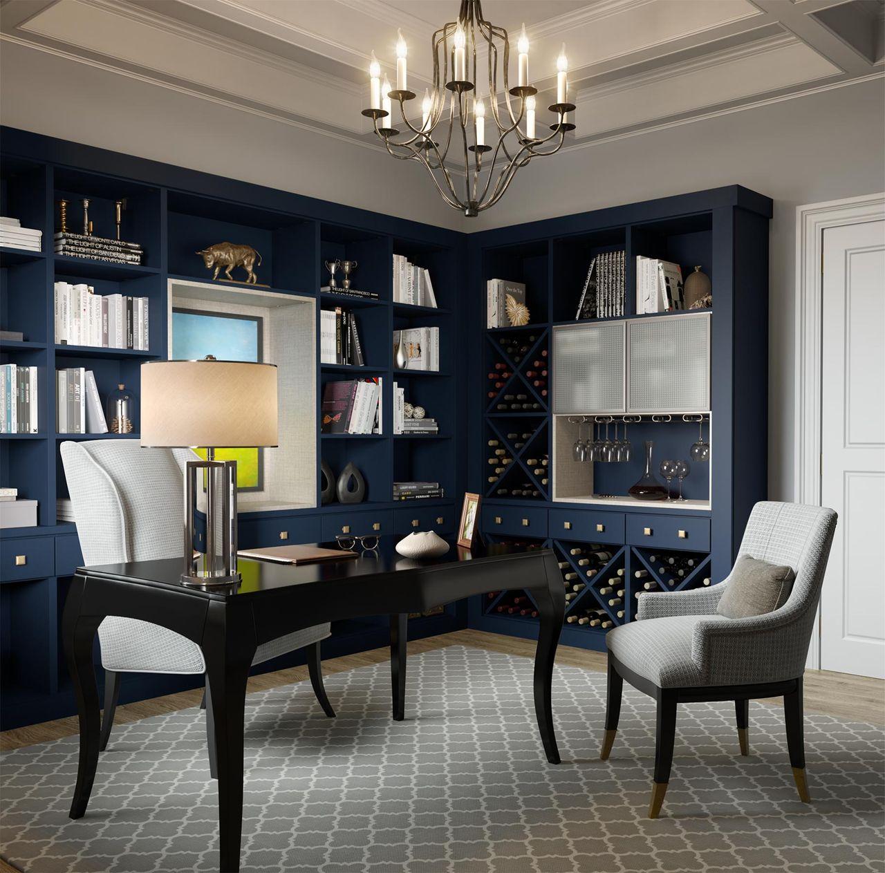 Elegant home office with wine storage in dark blue wood grain finish by California Closets