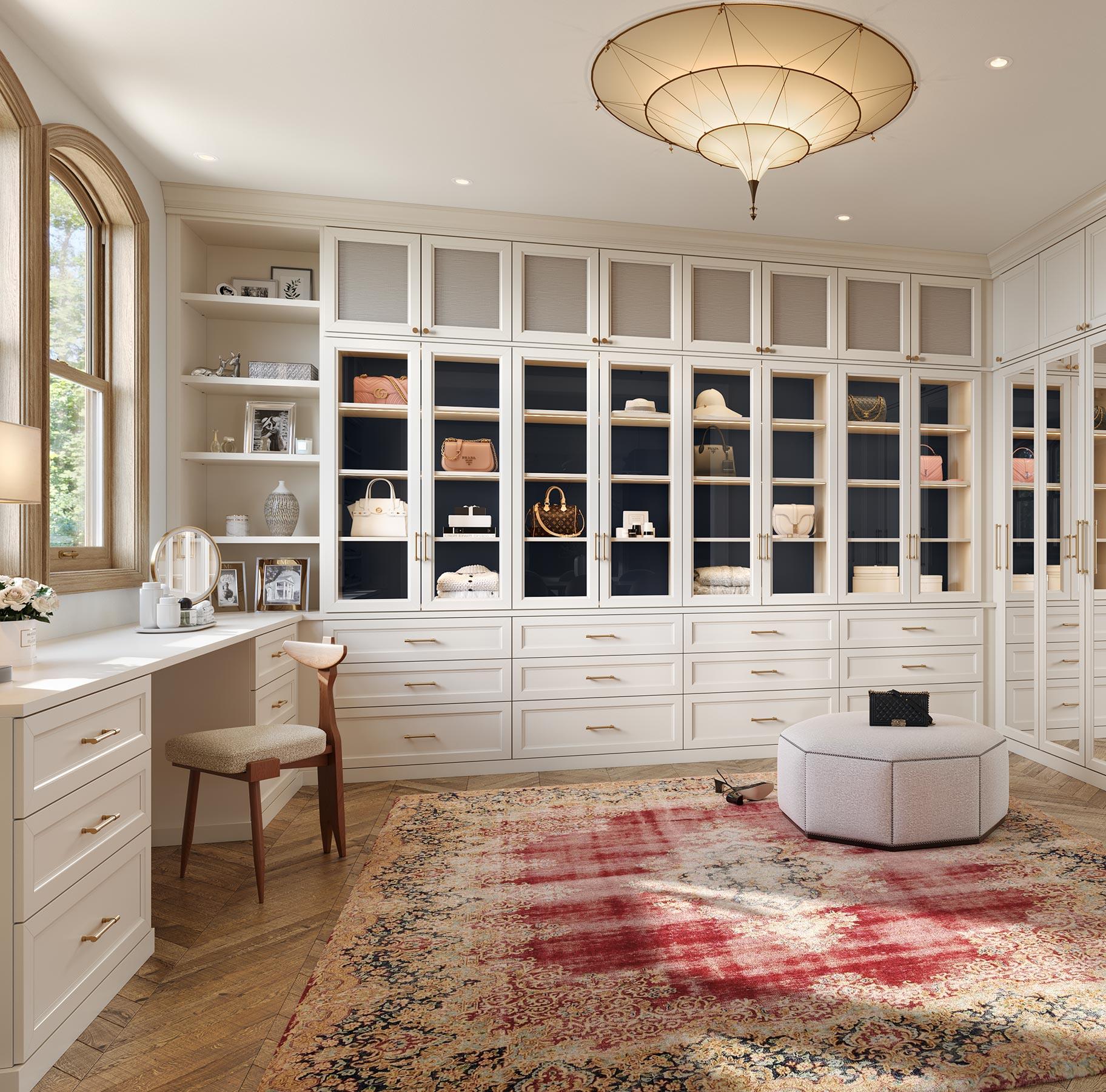 Large walk in closet design floor to ceiling mirroed doors from California Closets