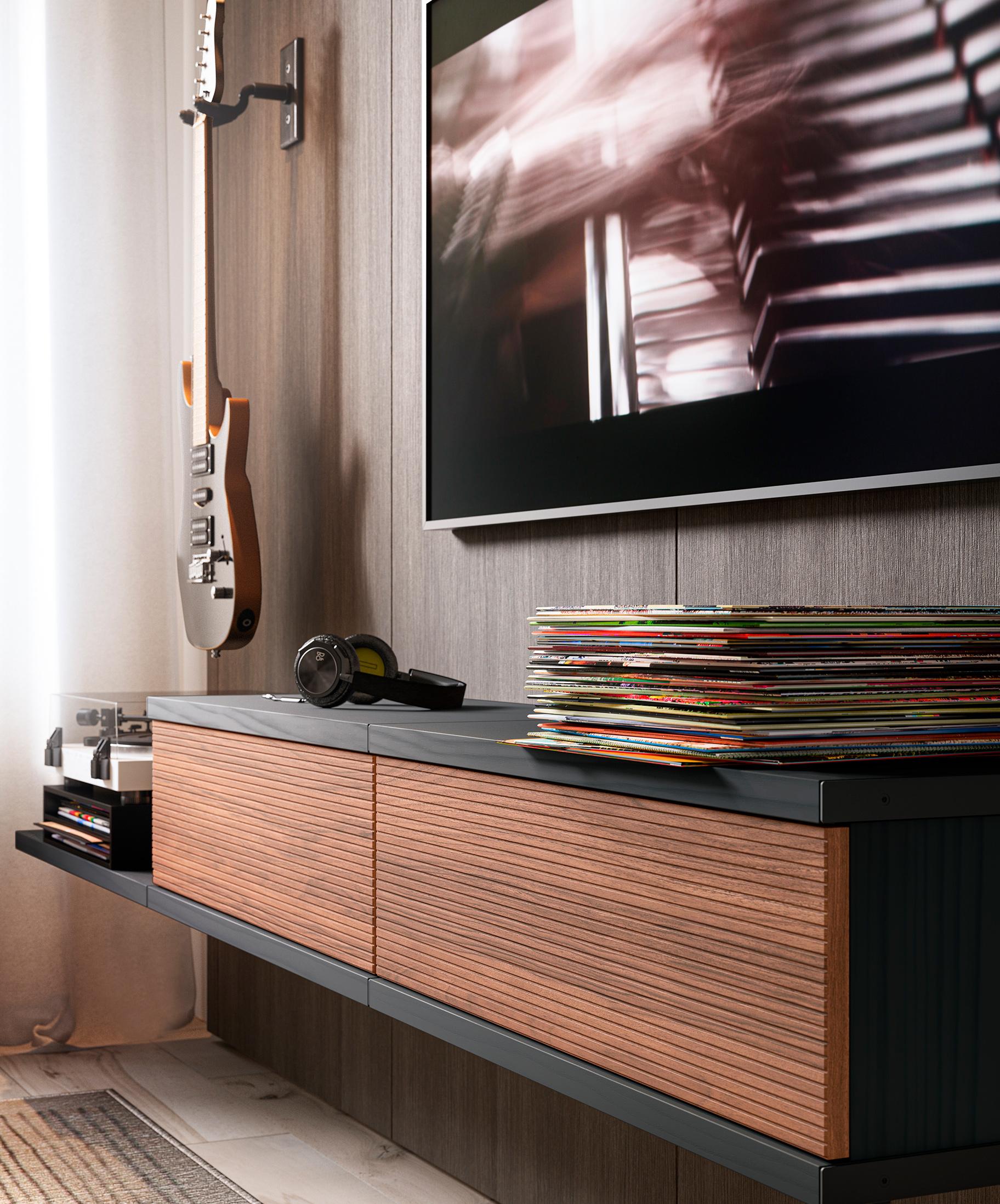 Design a home entertainment center to store media and musical instruments with open shelves and floating cabinet storage by California Closets