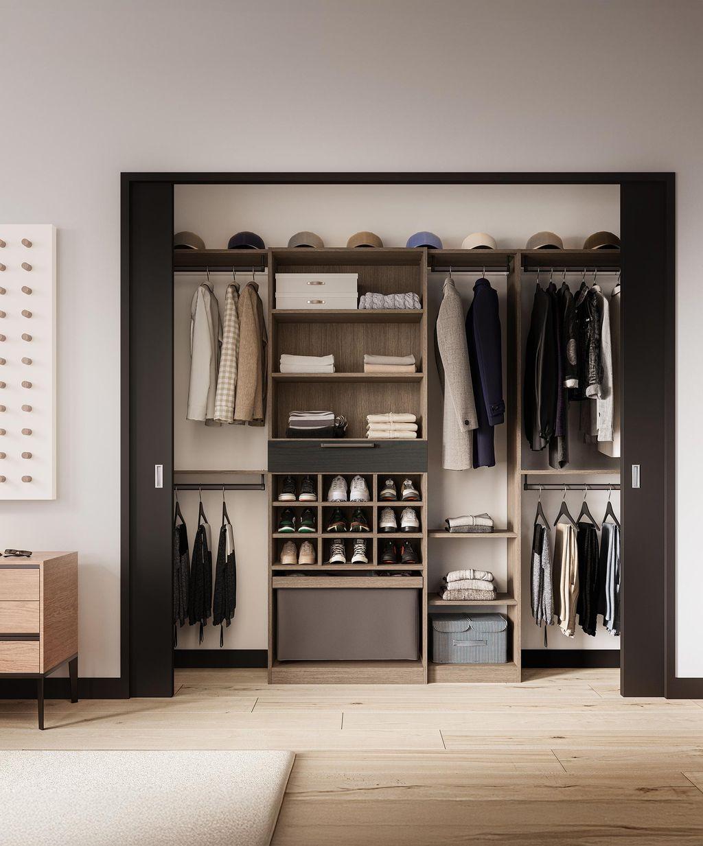 Closet built in reach in design laundry hamper and shoe cubbies from California Closets