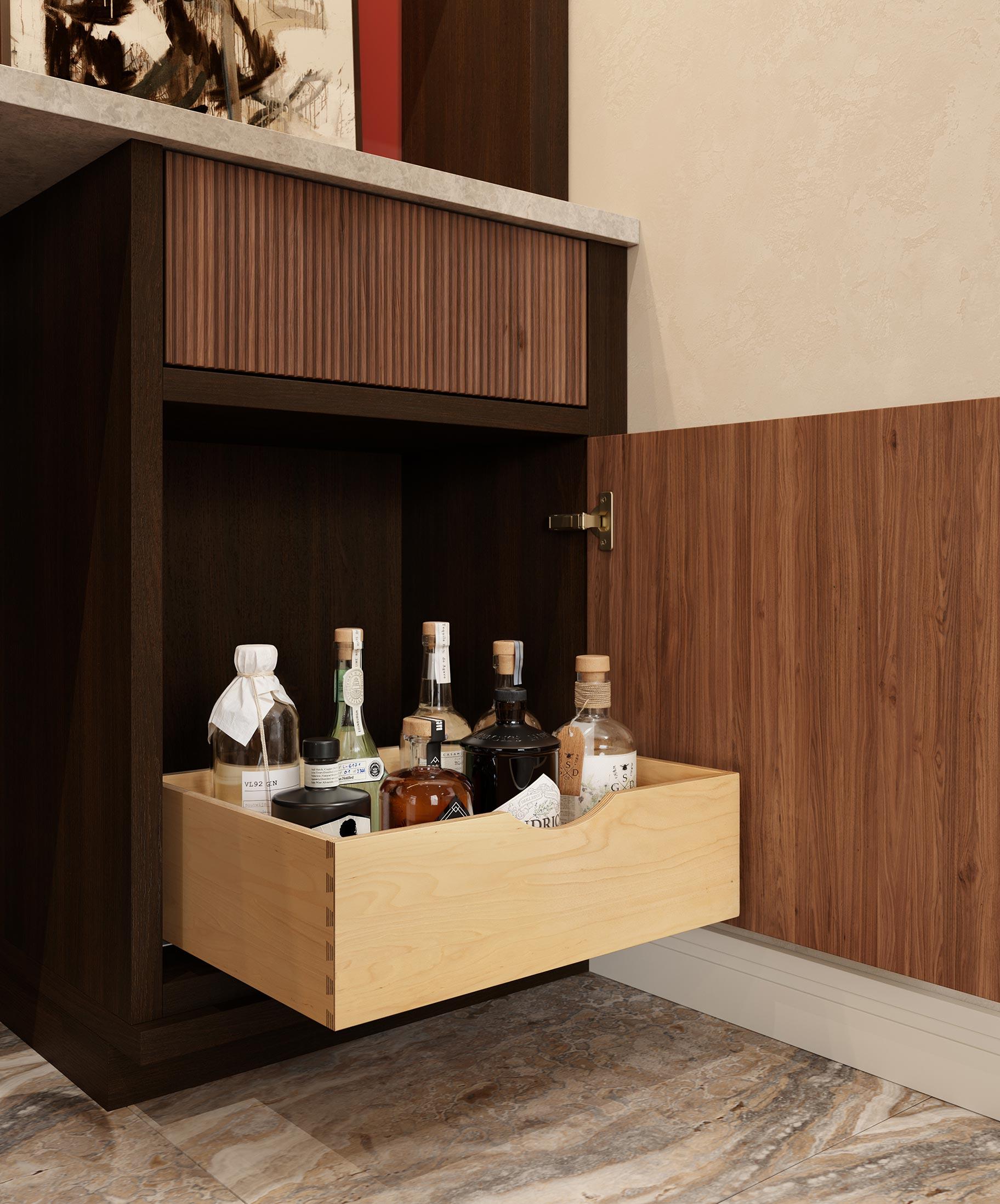 Liquor cabinet design in wood grain finish from California Closets