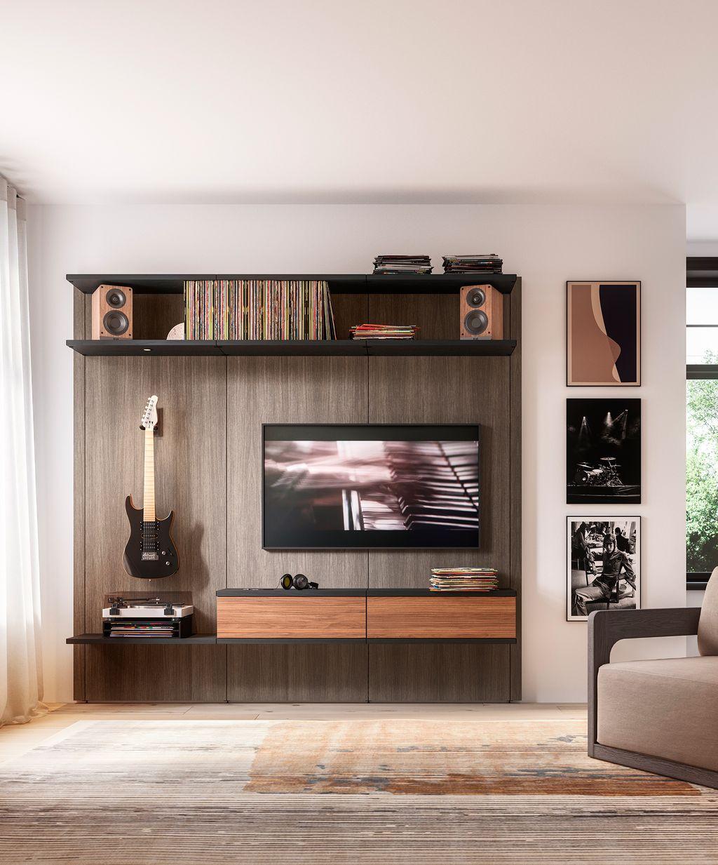 Throwback design entertainment center floating shelves and cabinetry by California Closets